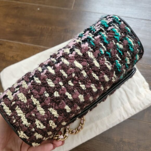 Tory Burch Fleming Tweed Convertible Shoulder Bag Brown Butter Yellow Designer - Picture 7 of 14